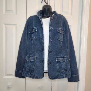 [L] Lady Hathaway Denim Jacket Size Large with 4 Pockets Cotton Button Front